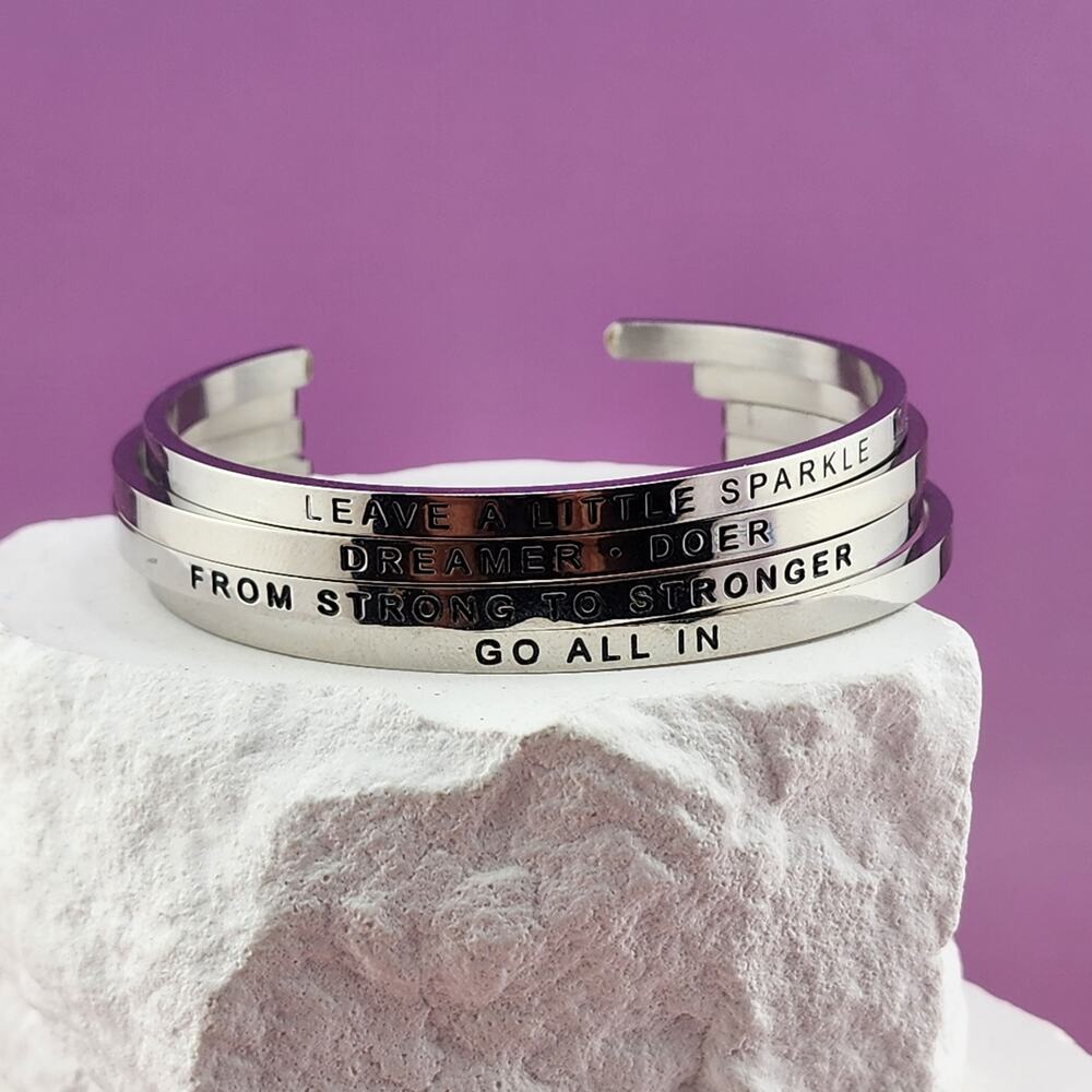 99 Walks Silver Tone Cuff Bracelet Set of 4 Sparkle Dreamer Stronger Go All In